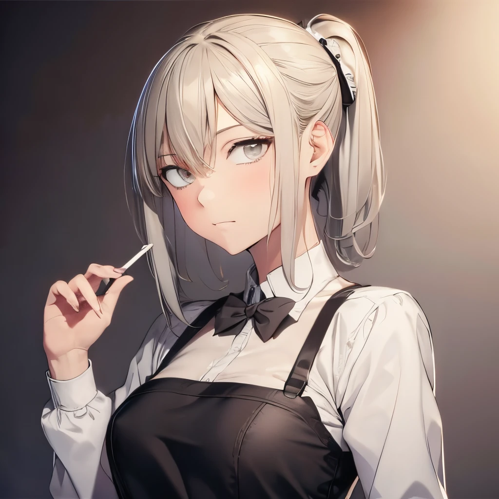 【Highest Quality, masutepiece】 [1 girl in, Manteau, expressioness, brown eyes,glasses, sanpaku eyes,front facing,beauty blonde hair, Slender beauty,straight haired, long pony tail hair ,Upper body,very small breast,flat chest,] (Gray white background:1.7), no smile,Waitress apron, smoke a cigarette,