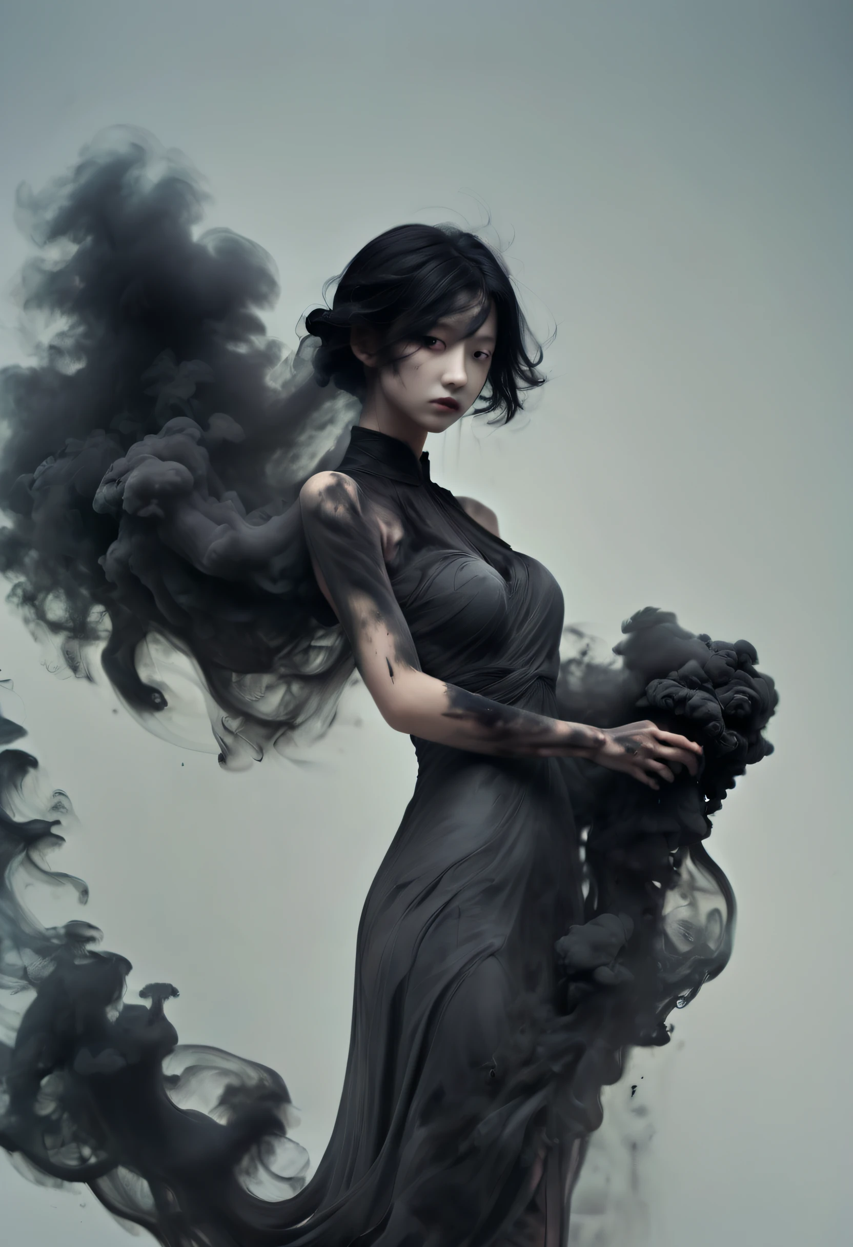 White Spirit_darkly，A girl made up of black smoke，1个Giant Breast Girl，