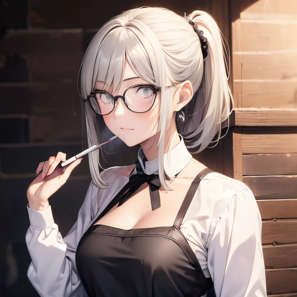 【Highest Quality, masutepiece】 [1 girl in, Manteau, expressioness, brown eyes,glasses, sanpaku eyes,front facing,beauty blonde hair, Slender beauty,straight haired, long pony tail hair ,Upper body,very small breast,flat chest,] (Gray white background:1.7), no smile,Waitress apron, smoke a cigarette,