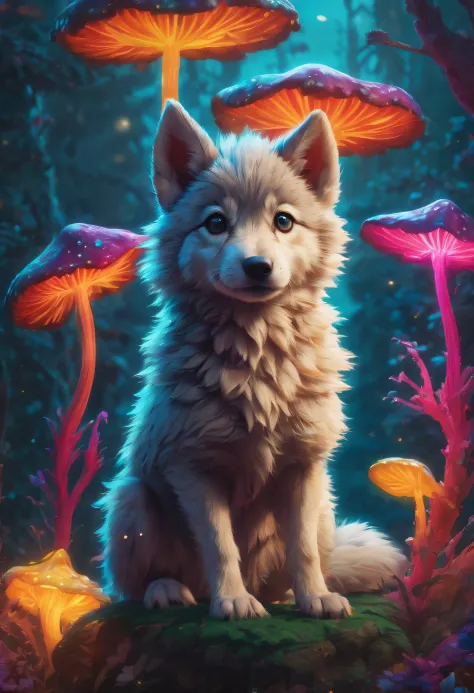 Whimsical scene of a cute wolf puppy sitting on a dimly lit bioluminescent mushroom wearing a glowing hat, Surrounded by colorful and playful decorations. Cute Pose, charming and nice wishes, Vibrant and lively decoration, A mysterious magical world, Rich dark cyan color, Explosive background effects with a touch of coolness and edge, Add light painting colors, Absurd resolution, Dynamic swing effect element piece, Exquisitely clear details, Careful attention to intricate details, Expertly rendered using optical light paint, (((Radiosity rendered in astonishing 32K resolution:1.3))), Highest Quality, hightquality,