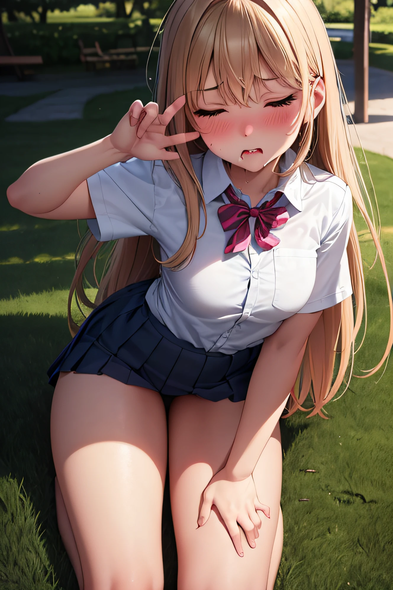 Anime girl with long blonde hair sitting on grass in a school uniform -  SeaArt AI