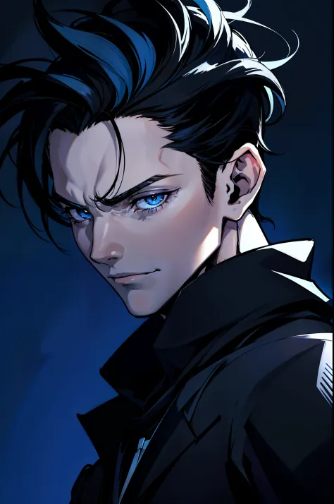 Close up of a man with black hair and blue background, a character portrait inspired by Yanjun Cheng, Tumblr, serial art, Tall a...