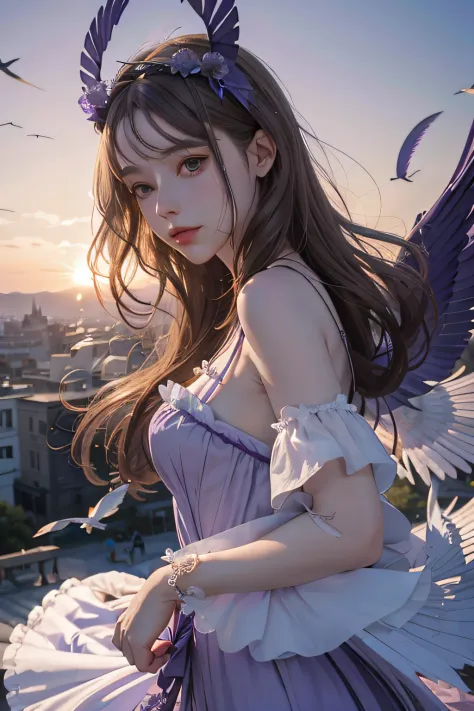 enna allouette, purple angel, purple 1piece sundress, purple headdress, white wings, flying with birds