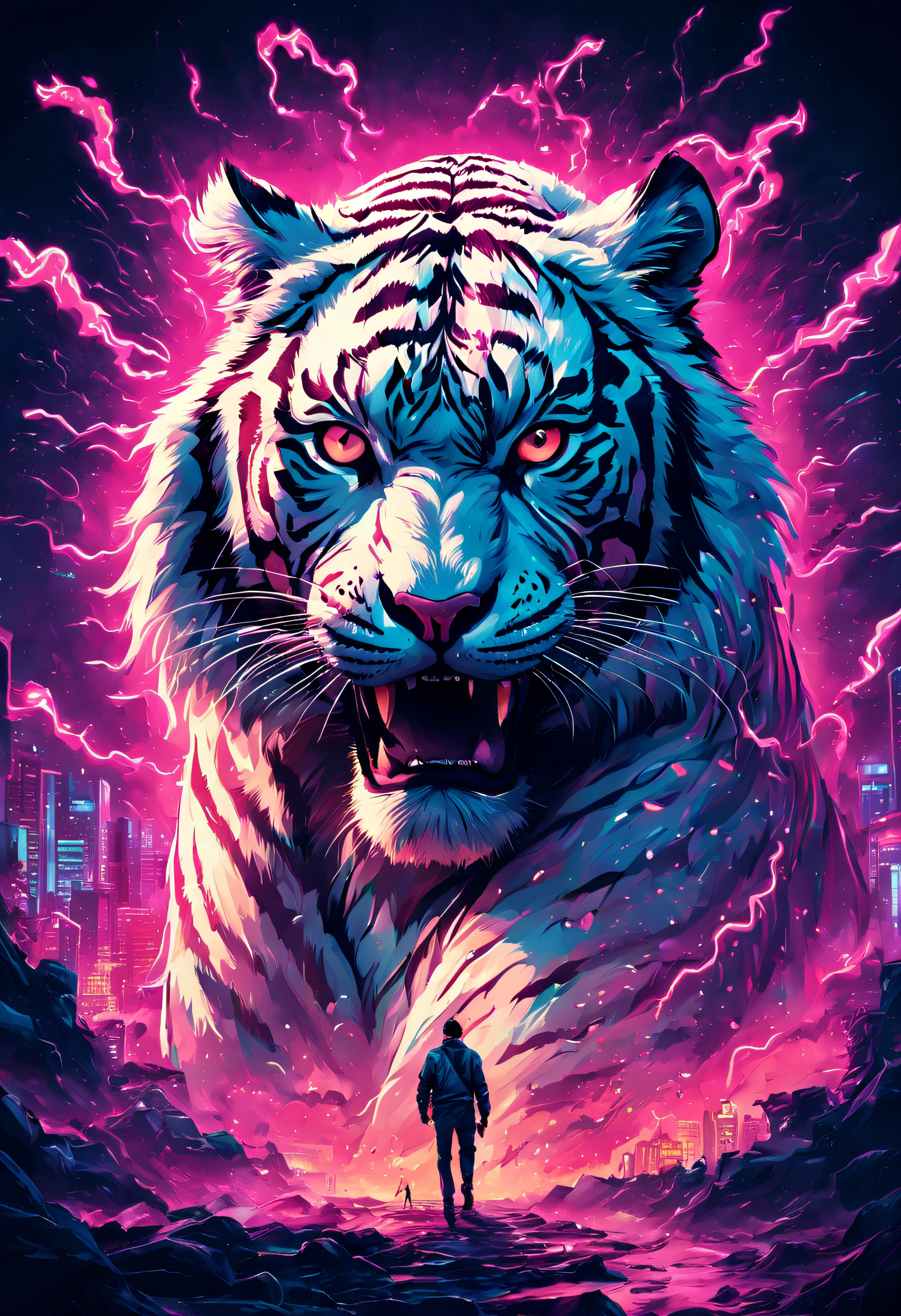 White Tiger, Filmcover im Tarantino-Stil, film poster,Retro,grobkörnig,Grindhouse (Mahlhaus),Kultklassiker,exzentrische Charaktere,schwarzer Humor,Neonlichter,leuchtende Farben,verdrehte Erzählung,Handlungswechsel,actiongeladen,stilisierte Gewalt,überlebensgroß,80er-Jahre-Stimmung,grobkörnig textures,Filmkorn,handgemalt,nervös,ikonische Bilder,eingängiger Slogan,dynamische Komposition,beeindruckende Illustrationen,auffälliges Design,einzigartige Typografie,intensive Atmosphäre, erweitern, kompliziert, (beste Qualität, Meisterwerk, Repräsentative Arbeit, offizielle Kunst, Fachmann, Einheit 8k Hintergrundbild:1.3)