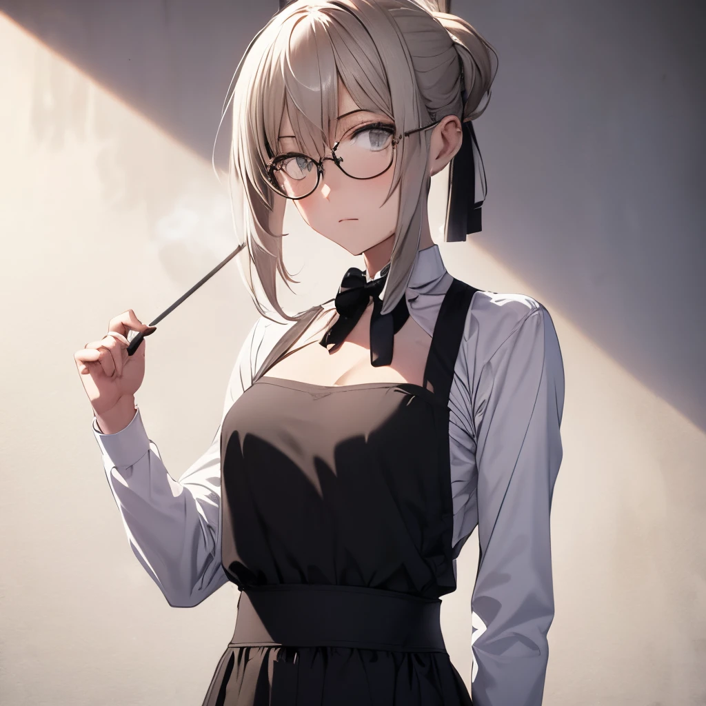 【Highest Quality, masutepiece】 [1 girl in, Manteau, expressioness, brown eyes,glasses, sanpaku eyes,front facing,beauty blonde hair, Slender beauty,straight haired, long pony tail hair ,Upper body,very small breast,flat chest,] (Gray white background:1.7), no smile,Waitress apron, smoke a cigarette,