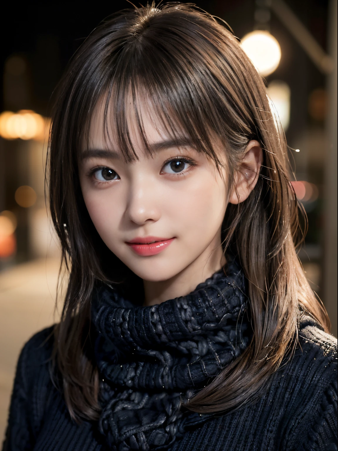 1 japanese girl,(Black sweater:1.4),(She wears a knitted snood around her neck to hide her chin...............:1.5), (Raw photo, Best Quality), (Realistic, Photorealsitic:1.4), masutepiece, extremely delicate and beautiful, Extremely detailed, 8k wallpaper, amazing, finely detail, extremely detailed CG Unity, hight resolution, Soft light, Beautiful detailed 19 year old, extremely detailed eye and face, beautiful detailed nose, Beautiful detailed eyes,Cinematic lighting,city light at night,Perfect Anatomy,Slender body,Smiling  (hair messy, asymmetrical bangs, light brown hair,)