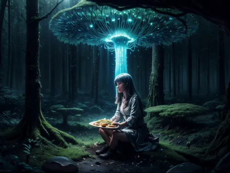 A girl sit and eat lunch in a bioluminescent mushroom forest, realistic, cinematic light, (best quality,4k,8k,highres,masterpiec...