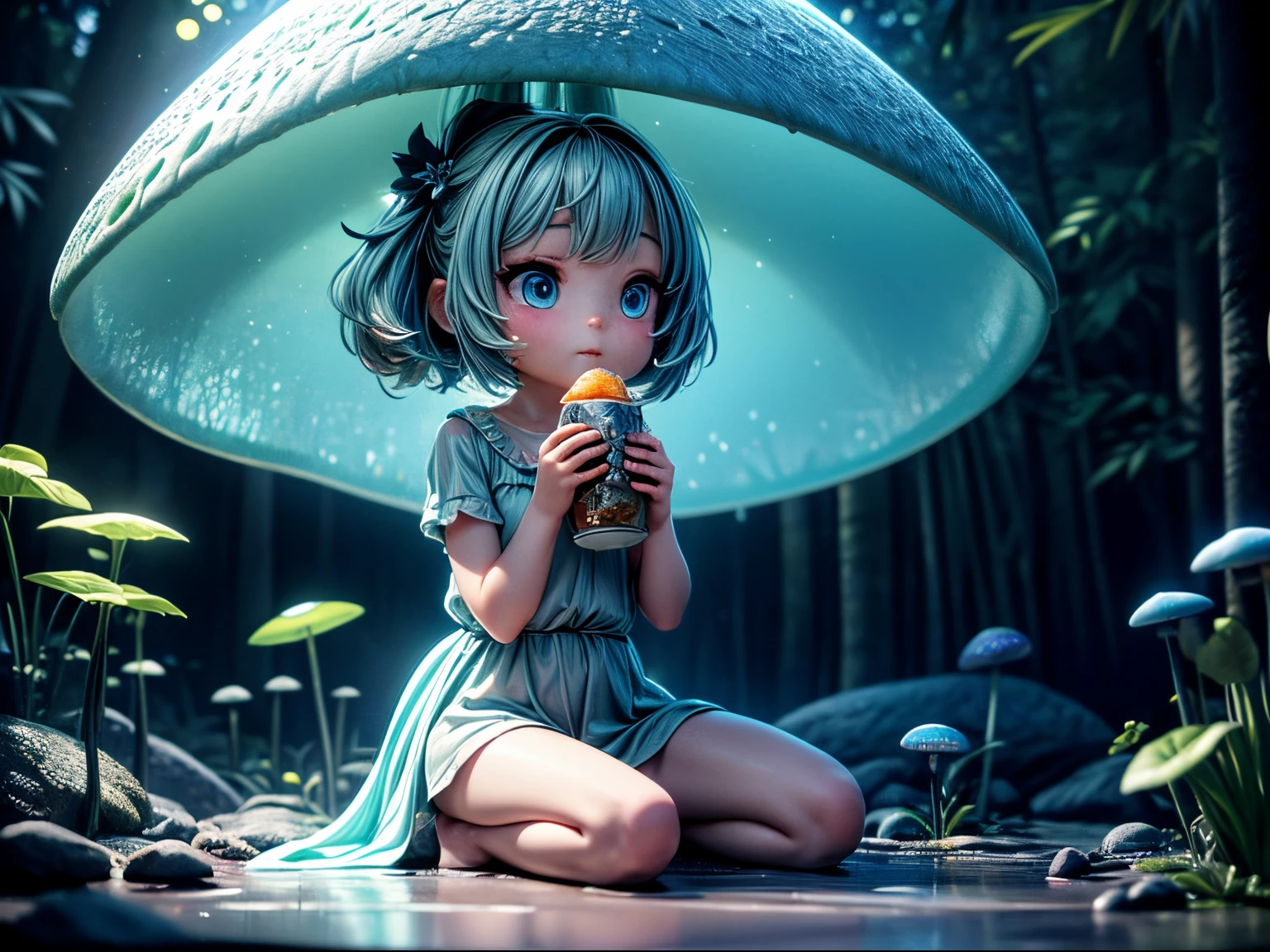 A girl sit and eat lunch in a bioluminescent mushroom forest, realistic, cinematic light, (best quality,4k,8k,highres,masterpiece:1.2), ultra-detailed, vivid colors, sharp focus, HDR, physically based rendering, professional god ray, fractal art