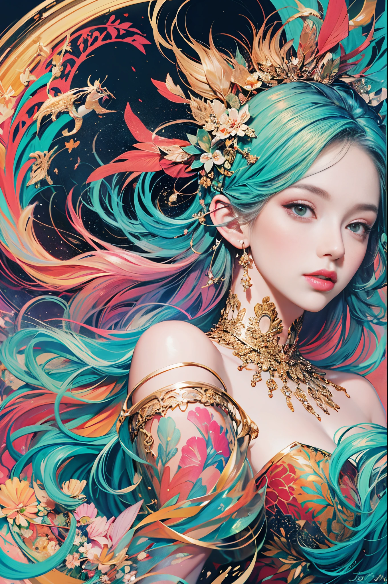 Painting of woman with long hair and colorful hair, beautiful digital illustration, stunning digital illustration, gorgeous digital art, A beautiful artistic illustration, Beautiful digital artwork, beautiful digital art, Beautiful digital illustrations, intricate digital painting, Very Beautiful Digital Art, vibrant digital painting, beautiful gorgeous digital art, Psychedelic flowing long hair, Colorful digital painting, Inspiring digital art, stylized digital art
