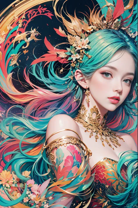 Painting of woman with long hair and colorful hair, beautiful digital illustration, stunning digital illustration, gorgeous digi...