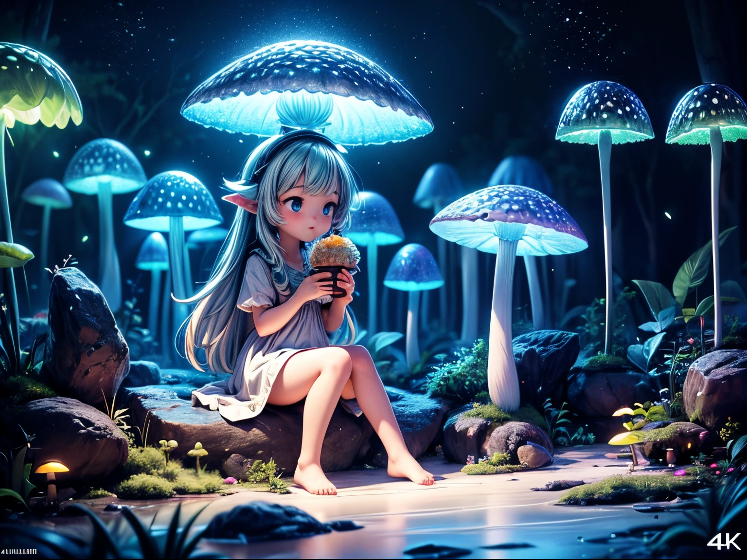 一个女孩坐在发光蘑菇森林里吃午餐, 实际的, 电影灯光, (最好的质量,4k,8千,高分辨率,杰作:1.2), 极其详细, 鲜艳的颜色, 清晰聚焦, 人类发展报告, 基于物理的渲染, 专业神鳐, 分形艺术