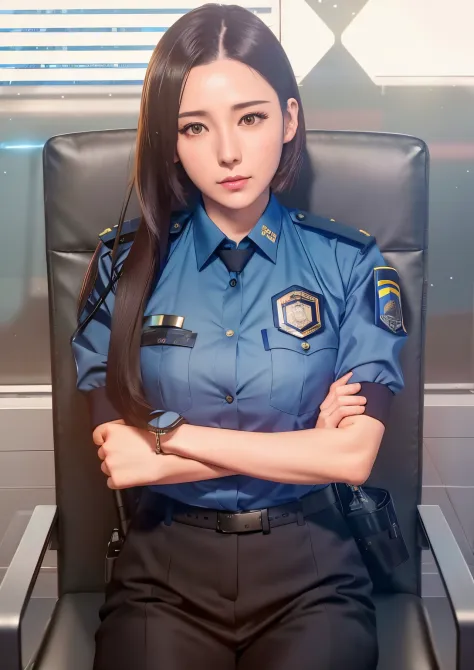 a woman short hair in a police uniform sitting on a chair, officer, security agent, wearing a police uniform, police officer, fr...