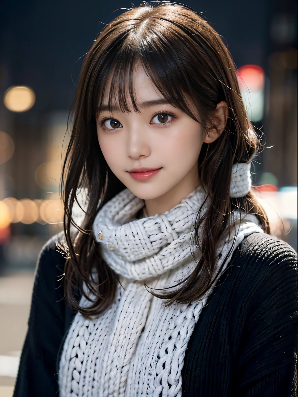 1 일본 소녀,(검은색 스웨터:1.4),(그녀는 턱을 가리기 위해 목에 니트 스누드를 착용합니다....................:1.5), (원시 사진, 최고의 품질), (현실적인, 사실적인:1.4), 테이블 탑, 매우 섬세하고 아름다운, 매우 상세한, 8K 벽지, 놀라운, 세세하게, 매우 상세한 CG 통일성, 최고 해상도, 부드러운 빛, 아름답고 상세한 25세, 매우 상세한 눈과 얼굴, 아름답고 섬세한 코, 아름다운 디테일한 눈,시네마틱 조명,밤에 도시의 불빛,완벽한 해부학,날씬한 몸매,웃고있는  (머리가 지저분하다, 비대칭 앞머리, 밝은 갈색 머리,)