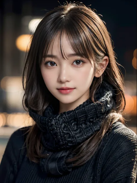 1 japanese girl,(Black sweater:1.4),(She wears a knitted snood around her neck to hide her chin...................:1.5), (Raw ph...