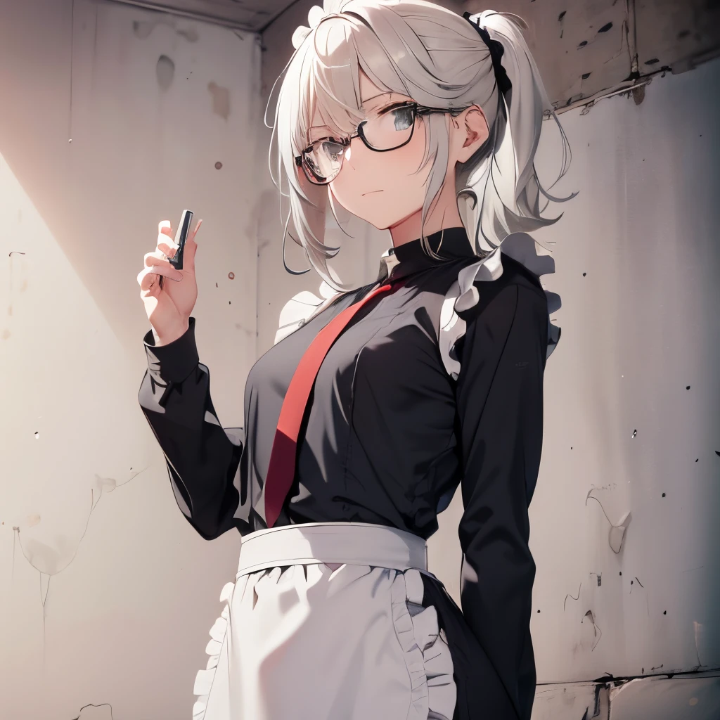 【Highest Quality, masutepiece】 [1 girl in, Manteau, expressioness, jet-black eyes,glasses, sanpaku eyes,front facing,beauty blonde hair, Slender beauty,straight haired, long pony tail hair ,flat chest,] (Gray white background:1.7), no smile,Waitress apron,