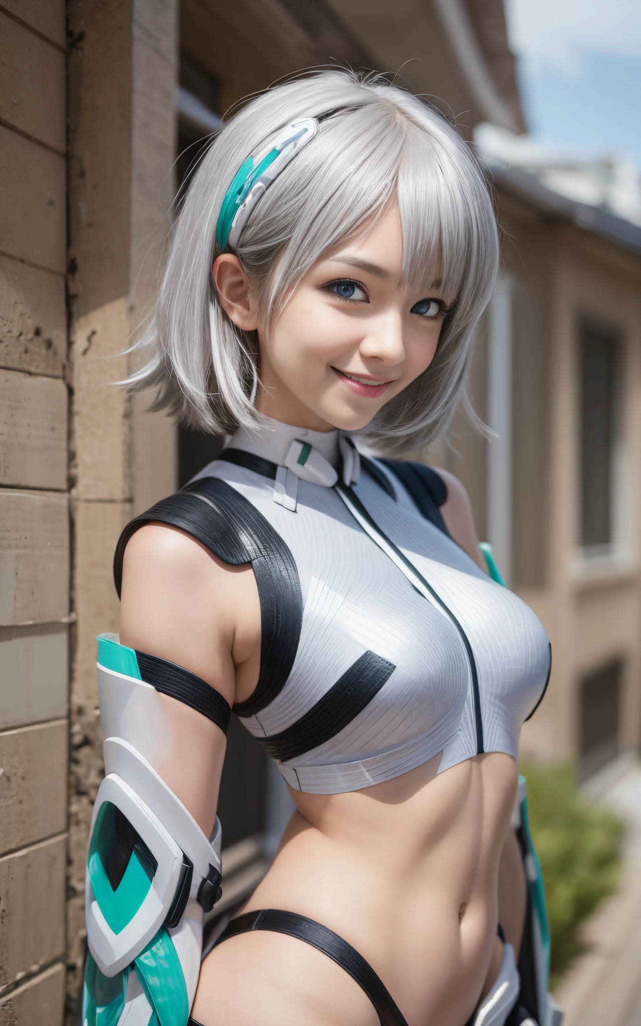 lightsmile, deva battle suit, Outdoors, Silver hair, bobhair, Blue eyes, waist shot