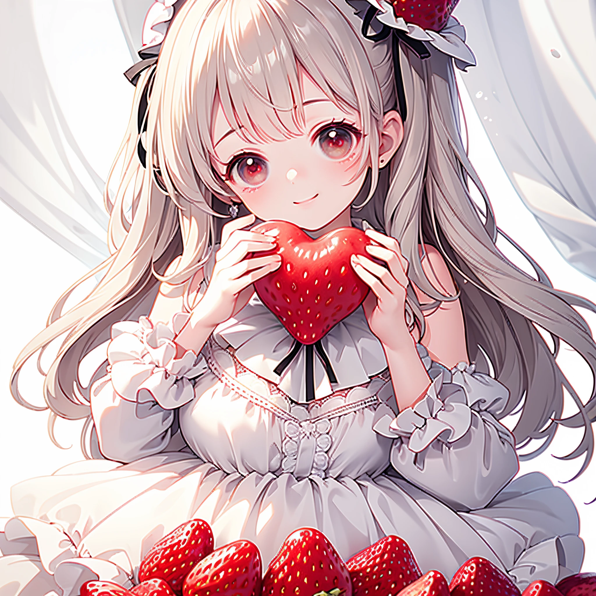 Masterpiece, best quality, high quality, ultra detailed, close up, face focus, smiling, Personification of the strawberry, Lolita fashion, holding a big sized strawberry, no background, white background