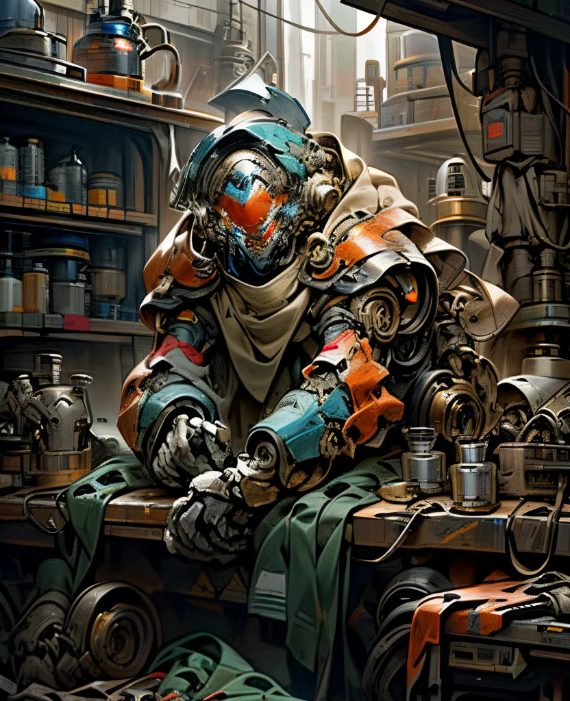 Robotic shopkeeper, supplying technology, in a scrappy shack, multiple simple robotic arms, tending to his shop, unique design, flat anvil shaped head, rusted, scrappily made, semi-damaged,