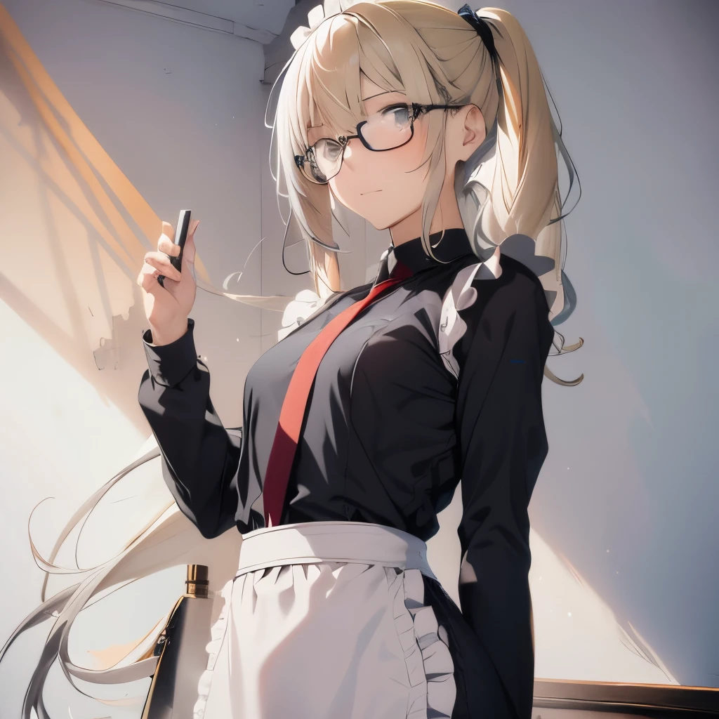 【Highest Quality, masutepiece】 [1 girl in, expressioness, jet-black eyes,glasses, sanpaku eyes,front facing,beauty blonde hair, Slender beauty,straight haired, long pony tail hair ,flat chest,] (Gray white background:1.7), no smile,Waitress apron,