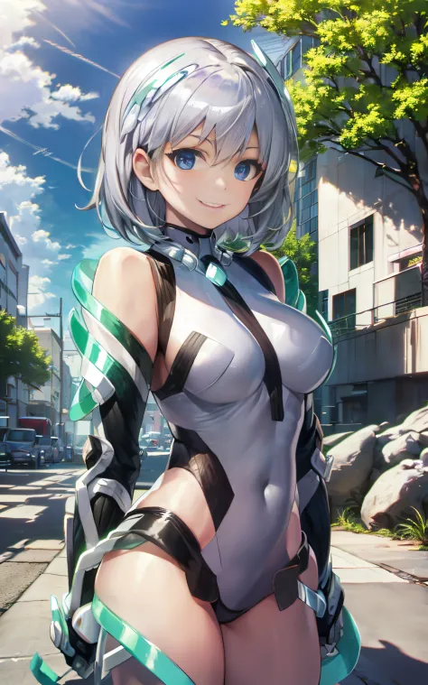 lightsmile, deva battle suit, outdoors, silver hair, bobhair, blue eyes, waist shot