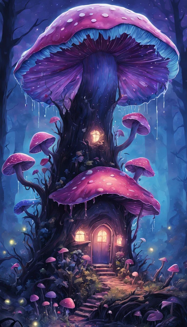 one hundred fireflies, bioluminescent mushrooms, Glowing mushrooms, (Sleeping goblin), There is fog, Misty, Digital illustration, There is almost no light, darkly, dark pink palette, light violet, navy-blue, chestnut, and cornflowers, hight contrast, mistic, A dead man, Rotting wood, natta, Poison drops, Liquid dripping, Mukoi, vibrant with colors, a fairy dust, Lots of shadows, nightmare, eerie, Absolute horror, dark and deep, cel shadow, The content is very detailed, ultra - detailed, 4K, Digital illustration, aquarel, art  stations, Dynamic Lighting, dynamic range