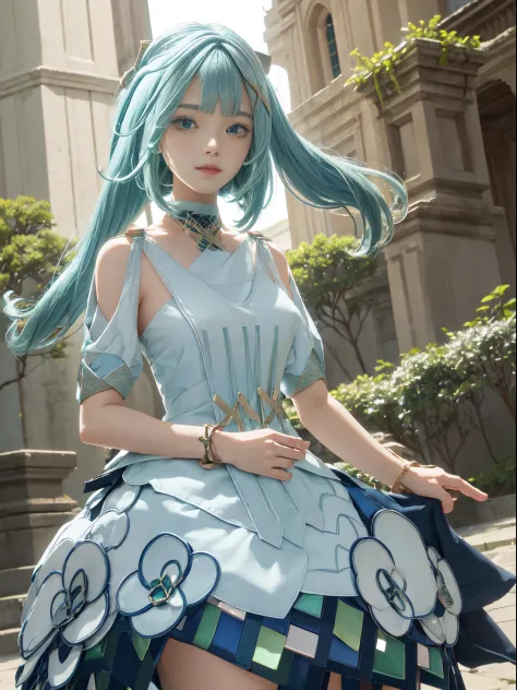 (1girl in), (masutepiece), (Perfect face), (perfect hand), (Symmetrical facial proportions), light green hair、ssmile、(Best Quality), - 8K - UHD - Hyperdetail、Raw photo、Real image quality、The background is an ancient ruin