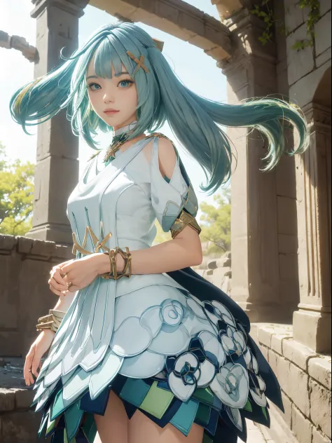 (1girl in), (masutepiece), (Perfect face), (perfect hand), (Symmetrical facial proportions), light green hair、ssmile、(Best Quality), - 8K - UHD - Hyperdetail、Raw photo、Real image quality、The background is an ancient ruin