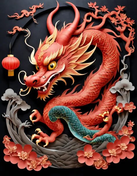 （Product design），（Item design），（Red lanterns,designs），Cute anthropomorphic Chinese dragon shaped red lantern, Background with：The color is black，3D paper,paper cut out,