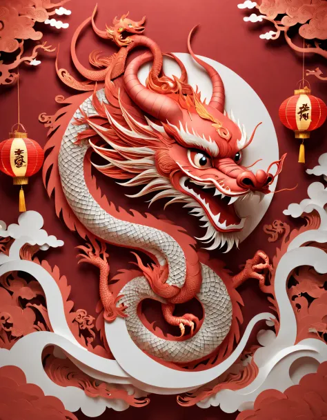 （Product design），（Item design），（Red lanterns,designs），Cute anthropomorphic Chinese dragon shaped red lantern, Background with：The color is red，3D paper,paper cut out,