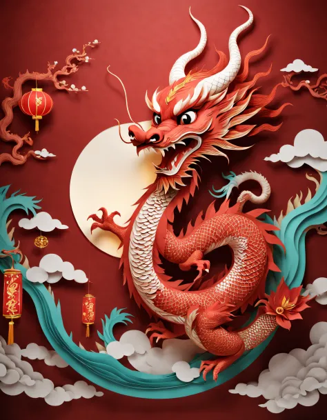 （Product design），（Item design），（Red lanterns,designs），Cute anthropomorphic Chinese dragon shaped red lantern, Background with：The color is red，3D paper,paper cut out,