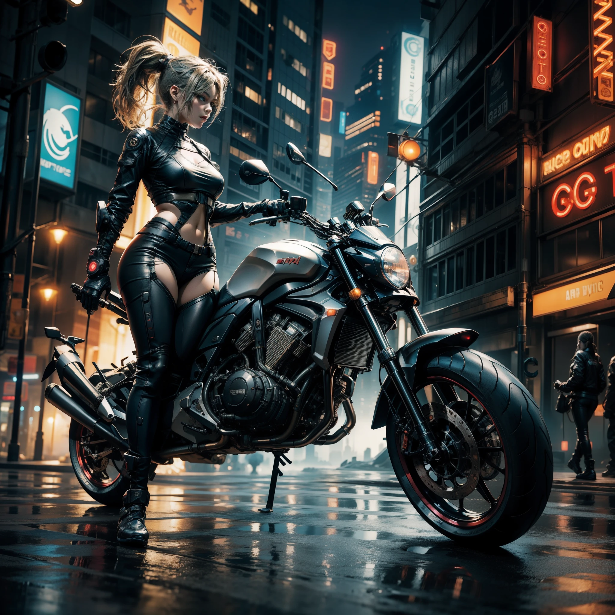 Dans une Cyber Ville futuriste, une fille cyberpunk avec une queue de cheval roule sur une moto de haute technologie à travers les rues animées. Le paysage urbain est rempli de néons, Publicités holographiques, et une technologie avancée. La moto de la fille est élégante et stylée, reflétant le design innovant du futur proche. Les rues sont dominées par des motos futuristes, ajoutant à l'atmosphère dynamique de la scène. La queue de cheval de la fille flotte derrière elle alors qu'elle manœuvre dans la circulation, exprimant un sentiment de  et d'aventure. La ville est baignée dans une palette de couleurs vibrantes et l'éclairage crée une lueur futuriste, rehaussant l'esthétique cyberpunk. La qualité de l&#39;image est du plus haut niveau, avec des textures ultra-détaillées et réalistes qui mettent en valeur les capacités de rendu avancées. L'invite intègre également les caractéristiques uniques de l'art cyberpunk, comme la ville dystopique, Les avancées technologiques, et un mélange d'éléments futuristes et vintage. Dans l&#39;ensemble, l'invite immerge le spectateur dans un monde cyberpunk captivant, capturant l'essence du thème tout en fournissant suffisamment de détails pour que Stable Diffusion génère une image de haute qualité et visuellement saisissante.