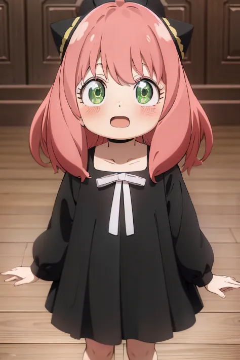 masuter piece, Best Quality, 超A high resolution, top-quality, Anime style, The best lighting, Beautiful face, Anime girl with pink hair and green eyes、Pointing something with a surprised look and a black cat hat、(1girl in:0.992)、(:D:0.583)、(bangss:0.701)、(...