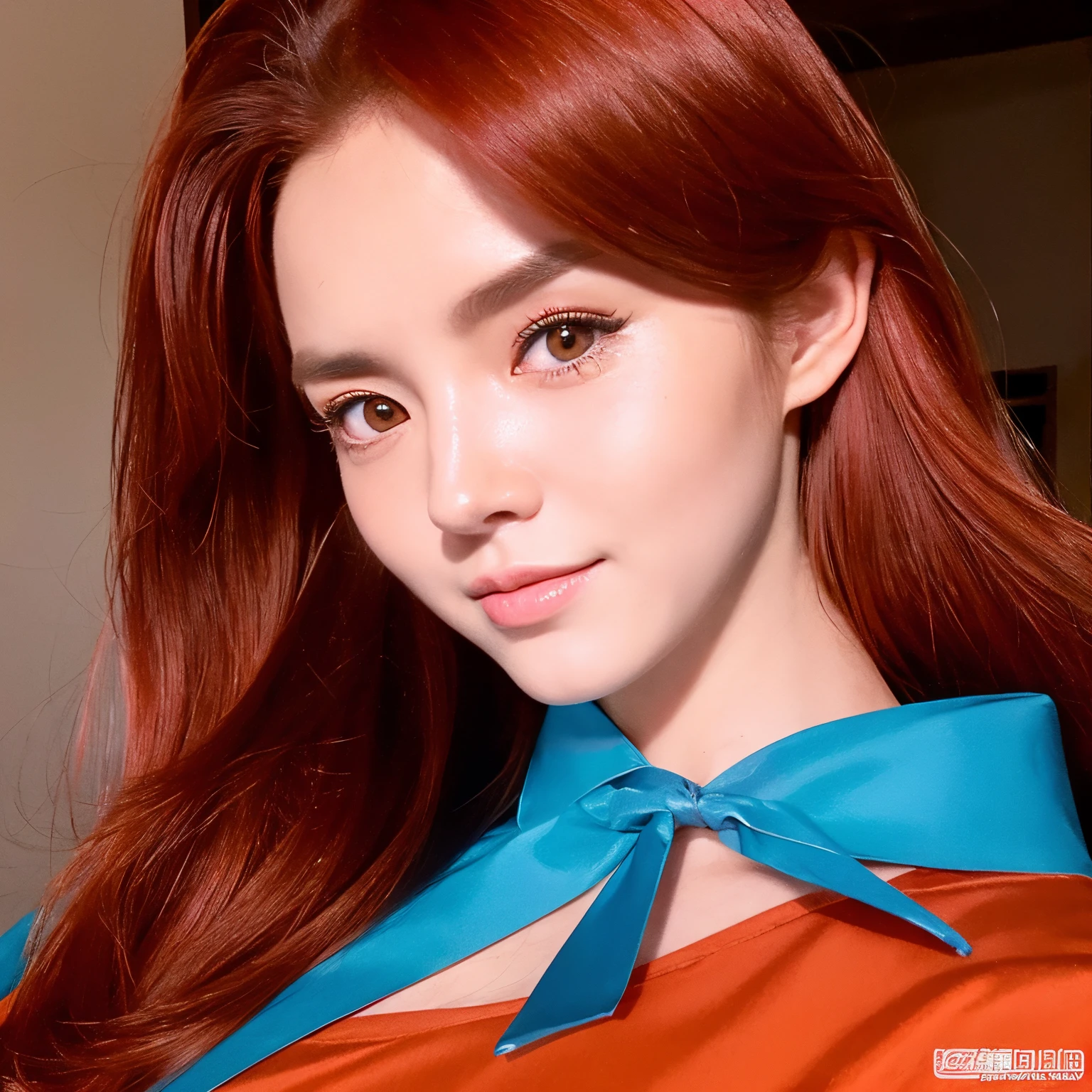 A close up of a woman with red hair wearing a blue shirt - SeaArt AI