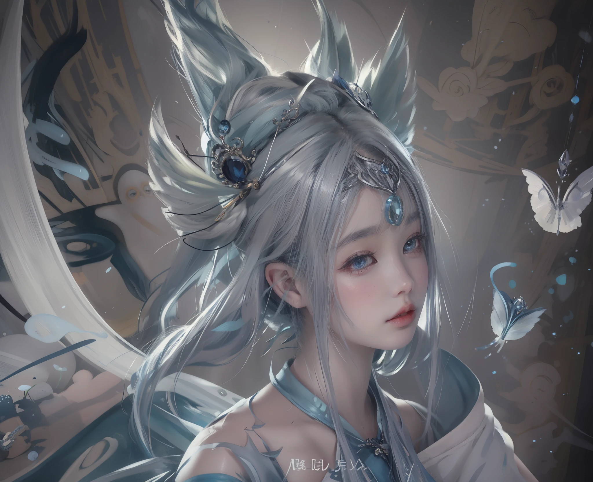 exquisite facial features，welcoming，Exquisite silver hair accessories，Anime manga girl，blue hairs，a blue dress，Wearing a big headdress, Very detailed artistic sprout, the detail, Irelia, Art germ. high detal, ! dream art jem, onmyoji detailed art, most models | Art germ, art jem style, art bud on artstation pixiv