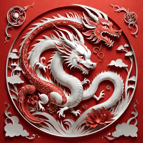 3D paper cutting, Paper illustration, fundo vermelho, zodiac dragon baby