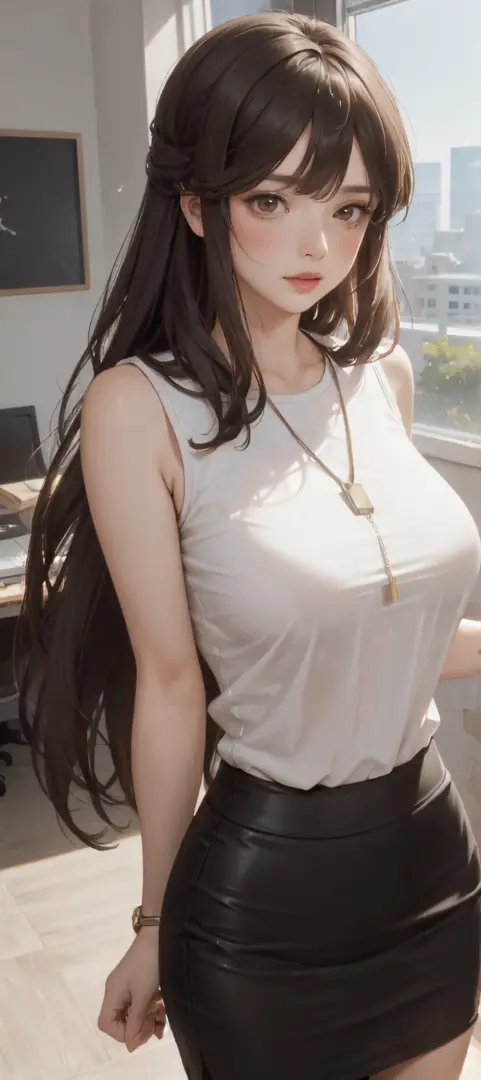 1lady standing, /(casual shirt/) (black pencil skirt:1.1) /(id card lanyard/), mature female, /(brown hair/), /(sleeveless/), bangs, moaning, lips apart, blush, sexy, (masterpiece best quality:1.2) delicate illustration ultra-detailed BREAK /(modern office...