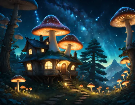 magical, mistic, Ethereal landscape, Excellent surreal summer glow mushroom house, Glowing mushrooms,
☀️🌳🌼, stars ⭐ : 🌟✨, Super ...