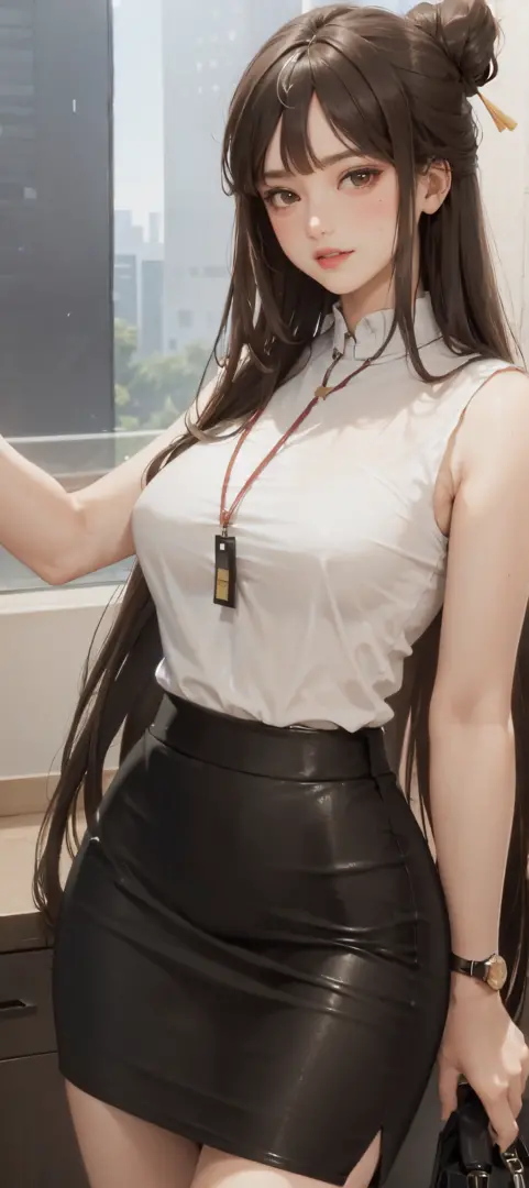 1lady standing, /(casual shirt/) (black pencil skirt:1.1) /(id card lanyard/), mature female, /(brown hair/), /(sleeveless/), bangs, moaning, lips apart, blush, sexy, (masterpiece best quality:1.2) delicate illustration ultra-detailed BREAK /(modern office...