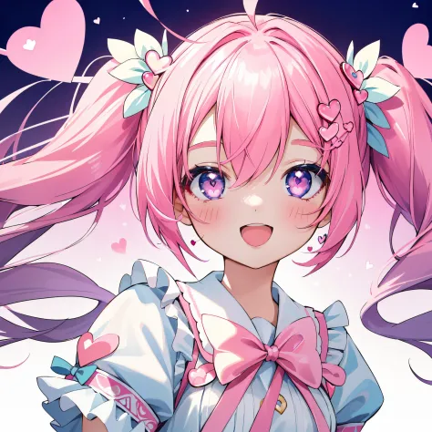 Masterpiece, best quality, high quality, ultra detailed, 1girl, face focus, pink hair, wavy twin-tails, hearts, love is in the a...