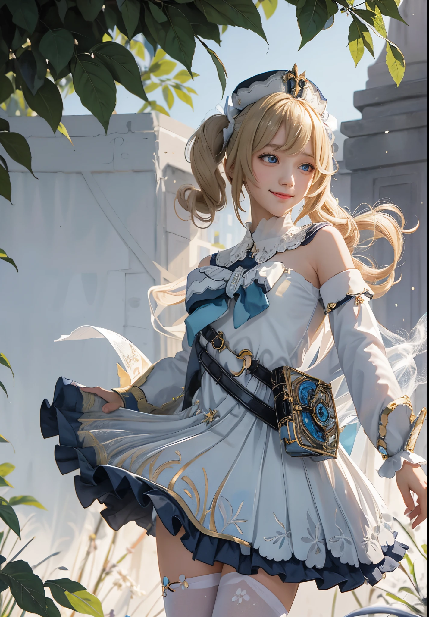 masutepiece, Best Quality,  1girl in,Smile,, hat,Latin Cross,Blonde hair, Long hair,Twin-tailed,twin drills, Blue eyes,Bow,White Dress,frills skirt,Detached sleeves, Dress Cloth,White pantyhose,Boken,Belt bag,Fountain background,