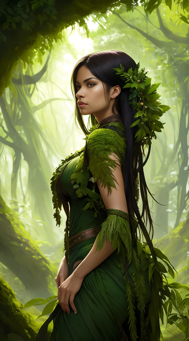 portrait of a forest mage, female, dress made of green leaves, gorgeous, green hair, brown skin, curves, forest background, highly detailed, smooth, sharp focus, chiaroscuro, digital painting, artgerm and greg rutkowski and alphonse mucha