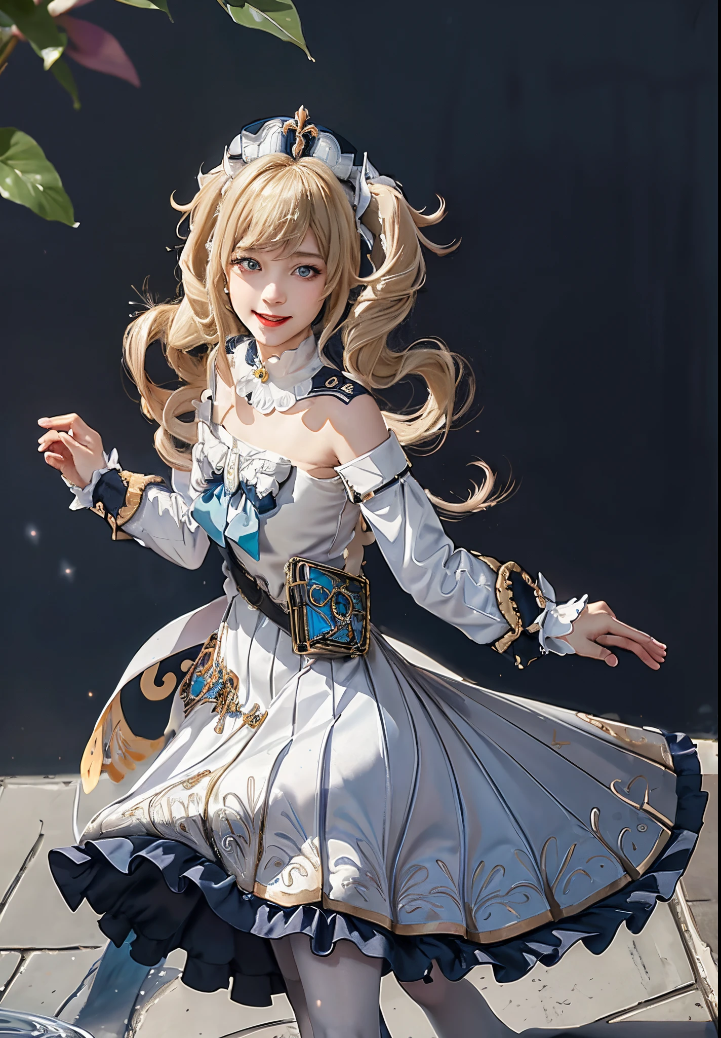masutepiece, Best Quality,  1girl in,Smile,, hat,Latin Cross,Blonde hair, Long hair,Twin-tailed,twin drills, Blue eyes,Bow,White Dress,frills skirt,Detached sleeves, Dress Cloth,White pantyhose,Boken,Belt bag,Fountain in the background、sparkling water splash、