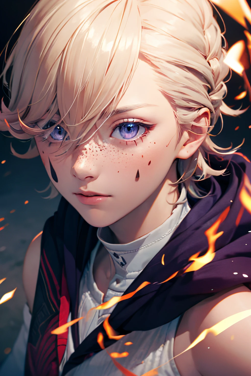 (masterpiece:1. 331), best quality, wallpaper, extremely detailed cg unity 8k wallpaper, absurdres, highres, incredibly absurdres, (1boy), solo, boyish features, lyney ((genshin impact)), blonde hair, violet eyes, freckles, highly detailed, extremely detailed CG unity 8k wallpaper, illustration, highres, absurdres, beautiful detailed face, finely detailed eyes, half bust, facing camera, looking down, chromatic aberration, lens flare, fantasy, wide shot, vanishing point, fire magic