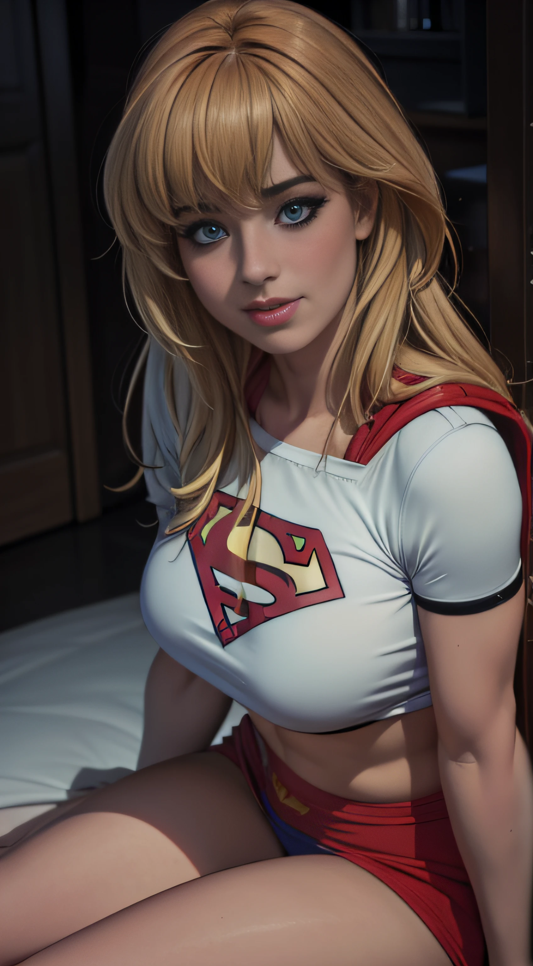 (best quality,4k,8k,highres,masterpiece:1.2),ultra-detailed,(realistic,photorealistic,photo-realistic:1.37),portrait, Carly  ,beautiful detailed eyes,beautiful detailed lips,extremely detailed face,long eyelashes, sexy,soft lighting,subtle background,professional photography,vivid colors full body , kidnapped by a fan, blushing face () full body (seductive) (ready for sex) (biting her lips) (Supergirl outfit)