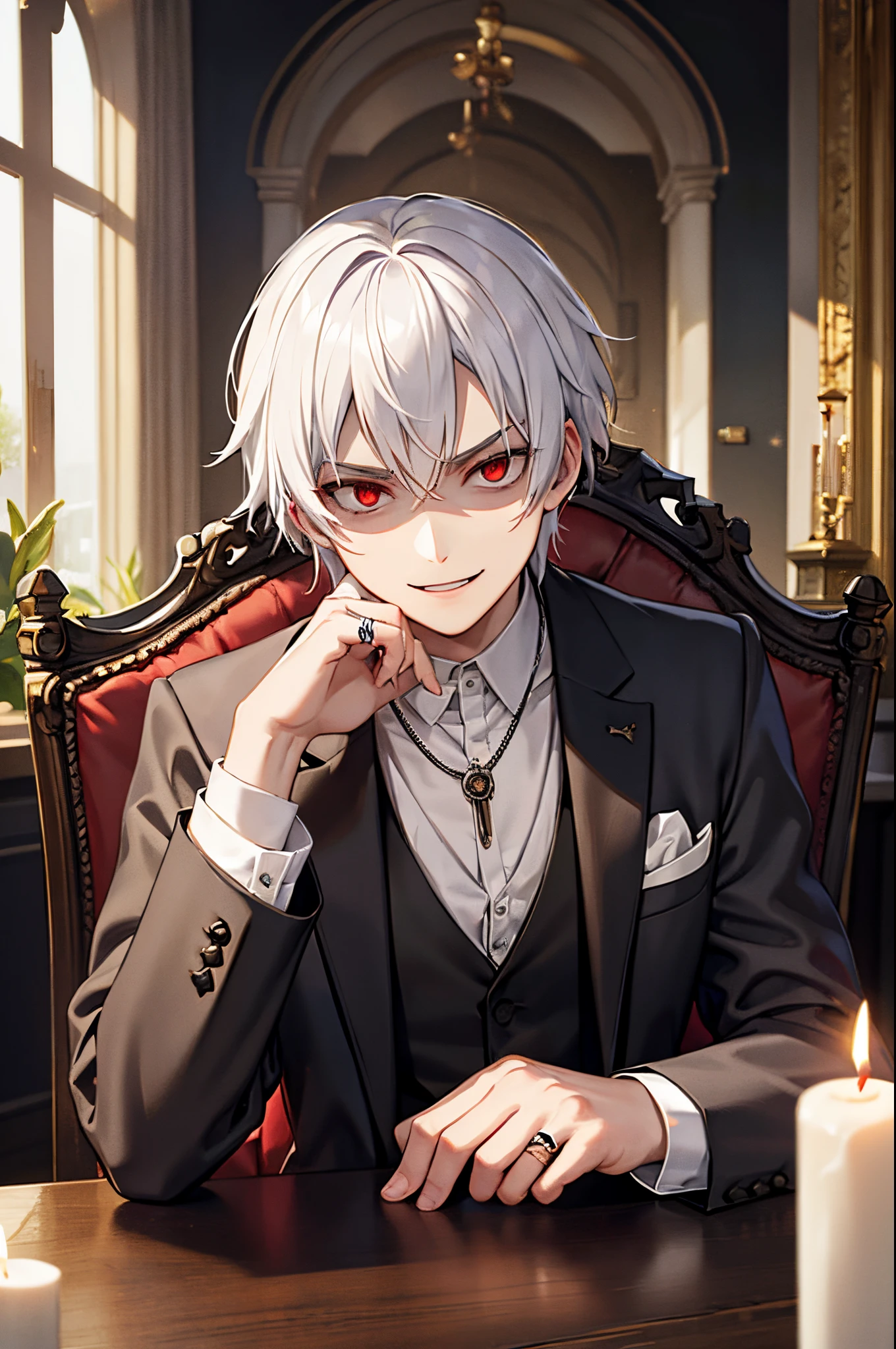 1 chico, pelo blanco desordenado, ojo rojo, Sentado en una silla, mirando al espectador, mesa, dentro de una mansión gótica, traje gris, sonrisa maligna, , candle on the mesa, ANILLO, collar, vista desde el frente, hand on mesa