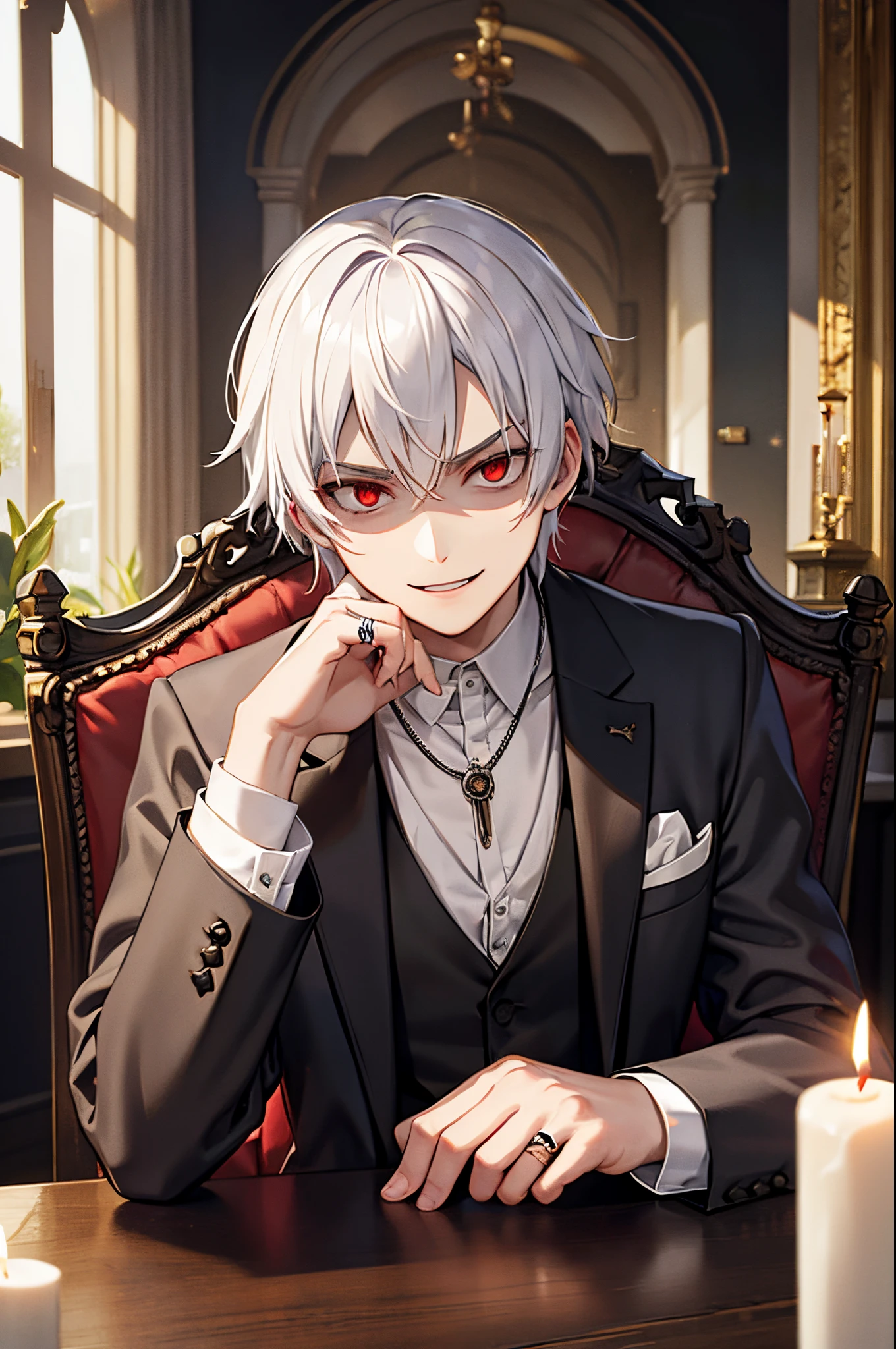 1guy, messy white hair, red eye, sitting in a chair, looking at viewer, table, inside a gothic manor, gray suit, evil smile, , candle on the table, ring, necklace, view from front, hand on table