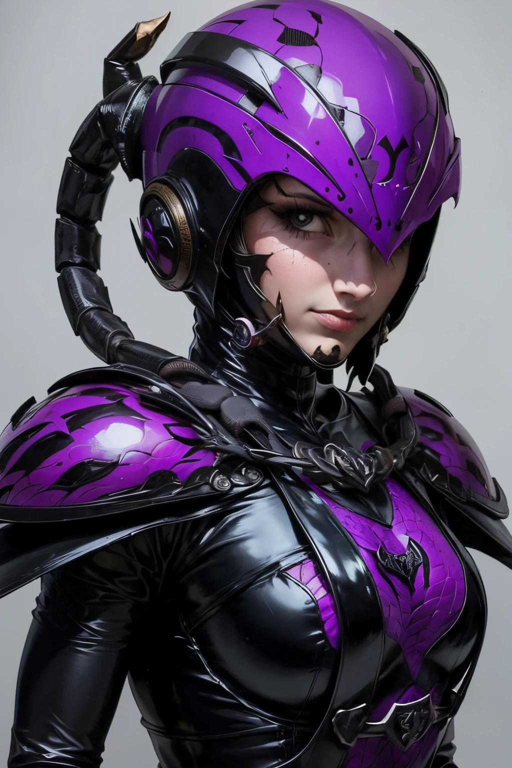 Ein Helm mit Skorpion-Motiv. Frau. Sie trägt einen schwarzen Latexanzug. Auffällige Dekoration.Kette und Sichel. Alchemie-Ausrüstung. Ihre Bildfarbe ist Lila.