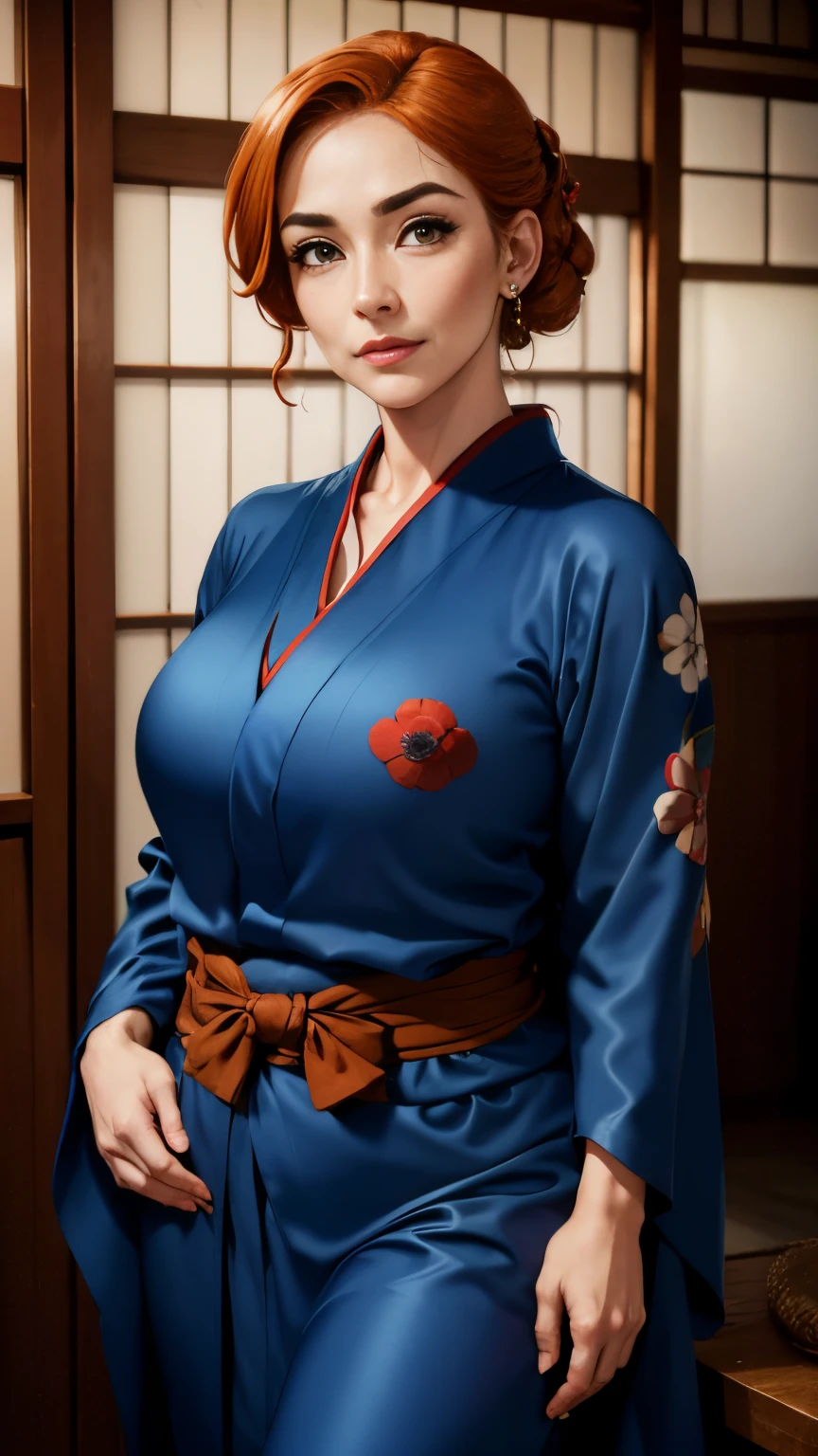 une photo de (1 femme), une Écossaise de 40 ans, dans une maison japonaise en bois classique, portant un kimono en soie bleu ample avec des décorations de coquelicots, (((kimono ample))) Cinématique, UHD, chef-d&#39;œuvre, Anatomiquement correct, peau texturée, imperfections naturelles , les rides,Super détail, Haute qualité, Meilleure qualité, primé, haute résolution, 16k, HD, (clivage)