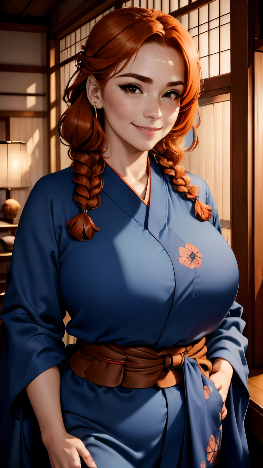 a picture of (1 woman), a 40-year- old Scottish woman, in a classic Japanese wooden house, wearing a loose blue silk kimono with poppy decorations, (((baggy kimono))) cinematic, UHD, masterpiece, anatomically correct, textured skin, natural blemishes , wrinkles,super detail, high quality, best quality, award winning, highres, 16k, HD, copper red hair in a braid, downturned brown eyes, broad smile, happy, flirty