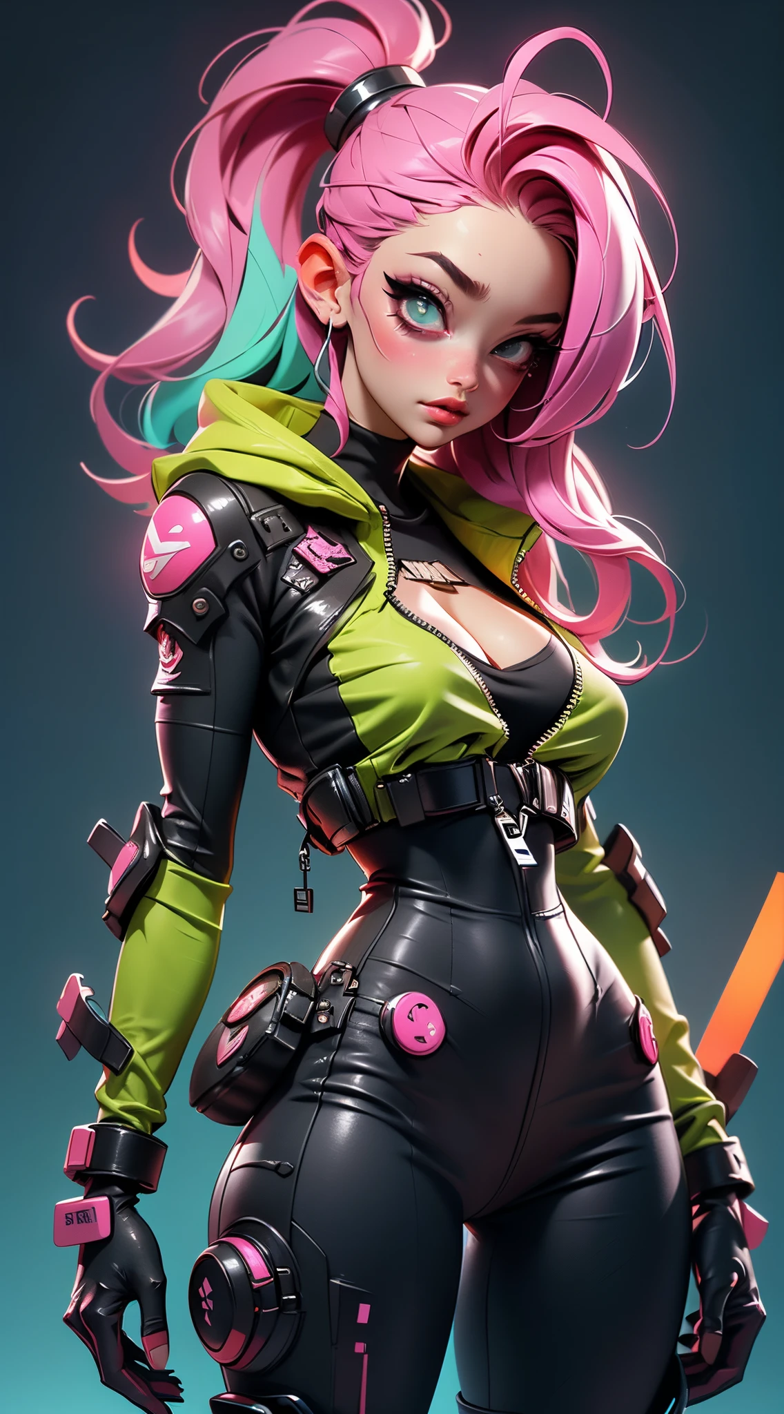 ((La mejor calidad en el mejor de los casos., mejor resolución, retrato premiado, arte oficial)), ((obra maestra perfecta)), ((actual)) y fotografías súper detalladas de chicas nerds cyberpunk con matices góticos y post-apocalípticos.. ella esta teniendo ((Cabello largo color menta)), vestido (Top de ropa tecnológica cyberpunk estilo Harajuku) Y uno más (Harajuku Style Cyberpunk Tech Clothing Bottoms:1.2) , ((La estética más bella y sexy.)), sexy para, super enorme enorme , exhibición de escote, caliente, sexy para